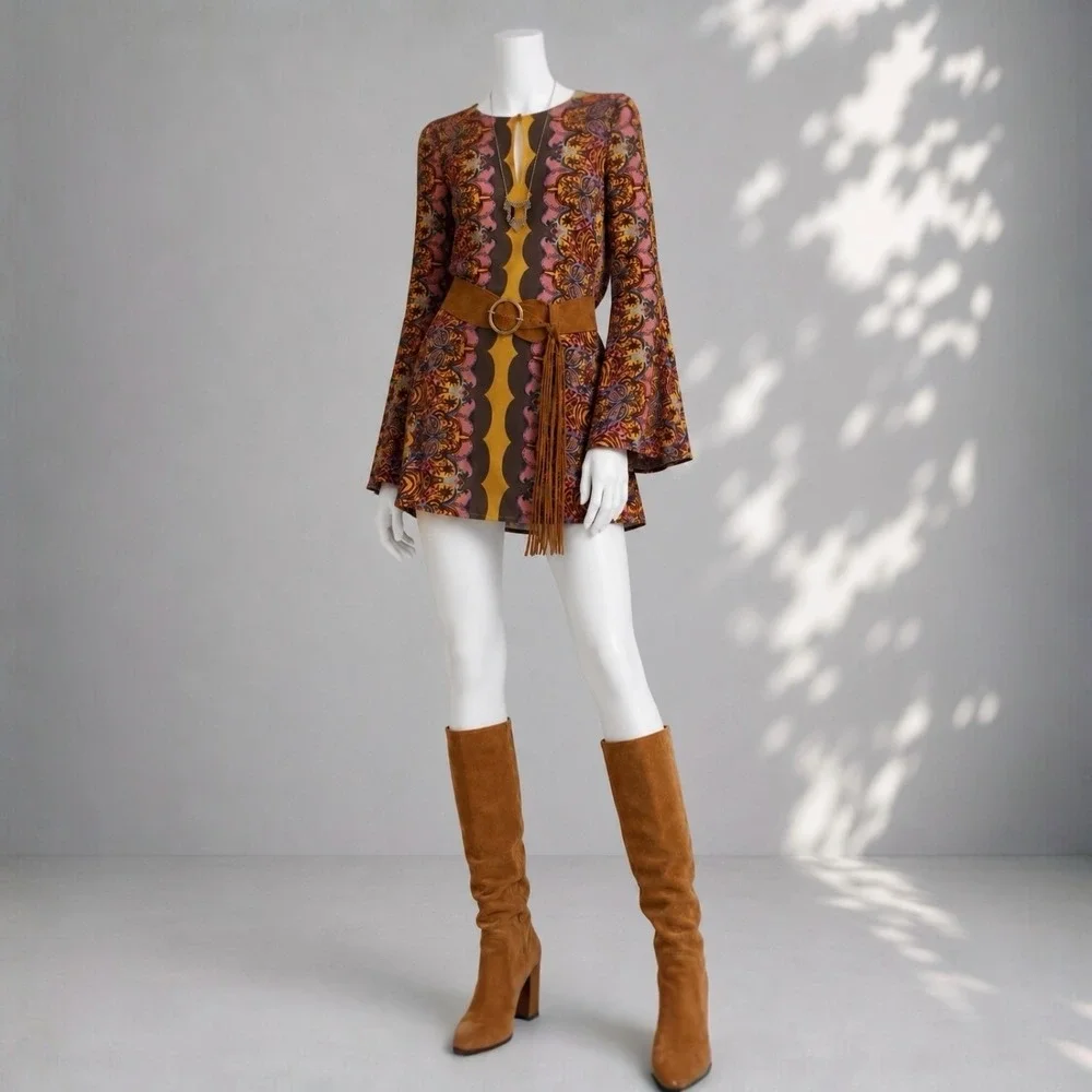 Free People Ossie Vibes Tunic Dress 10 Purple Brown Floral Bell Sleeve Mod Mini
